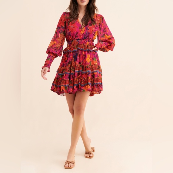 FARM RIO Tropical Tapestry Long-Sleeve Minidress Size M - Picture 3 of 16